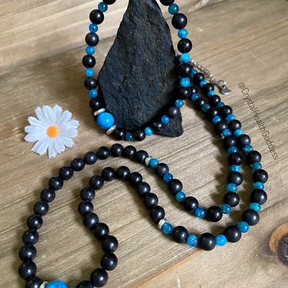 Shungite Blue Apatite Jewelry Set Necklace + Bracelet - Picture 2 of 5